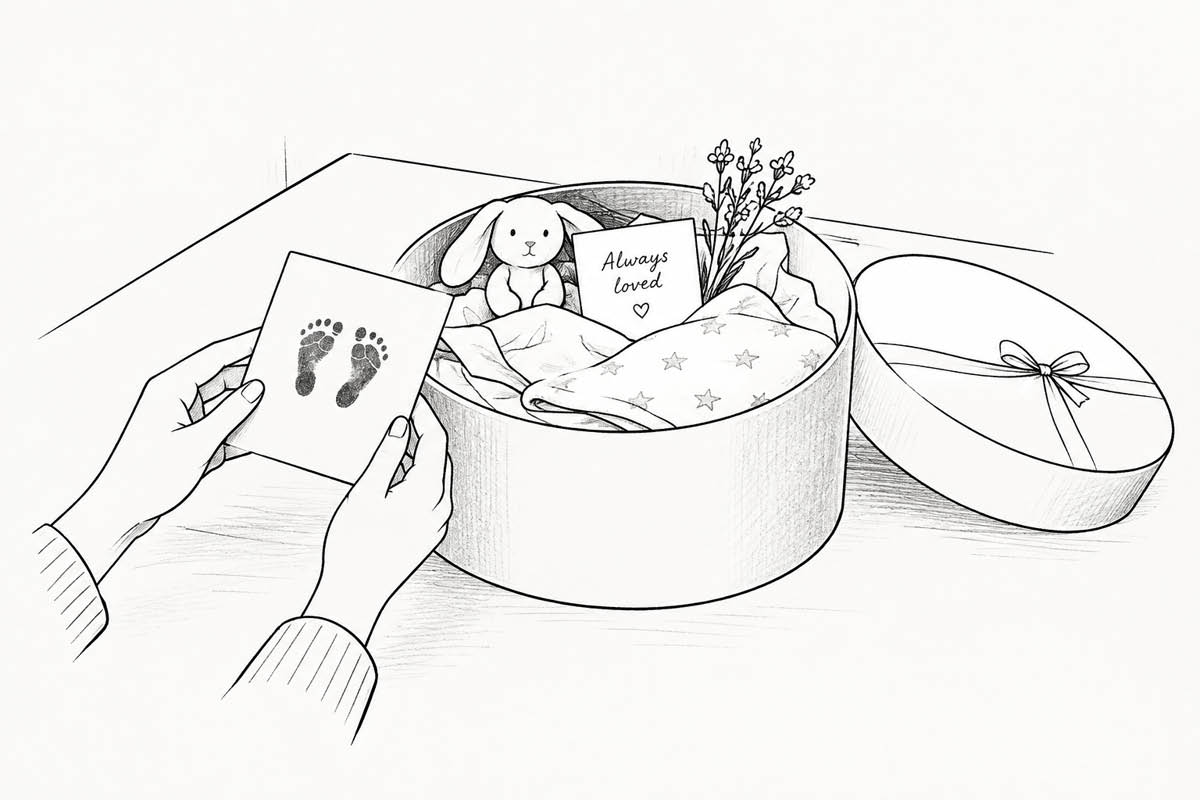 A line drawing in pencil sketch style depicting a person's hands holding a card printed with tiny baby footprints. Next to the hands rests an open round keepsake bereavement hat box..