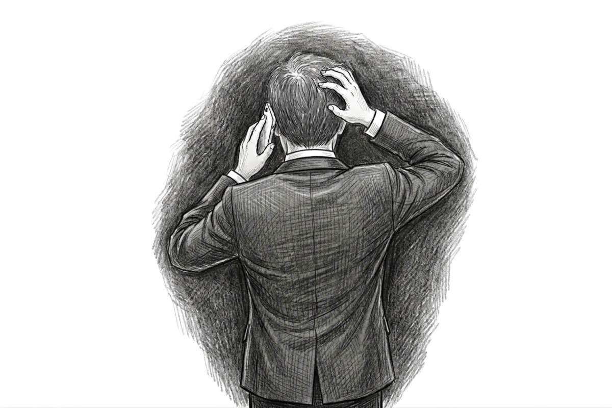 A black and white pencil drawing depicting a man in a suit making a phone call, surrounded by a dark aura emphasizing his distress.