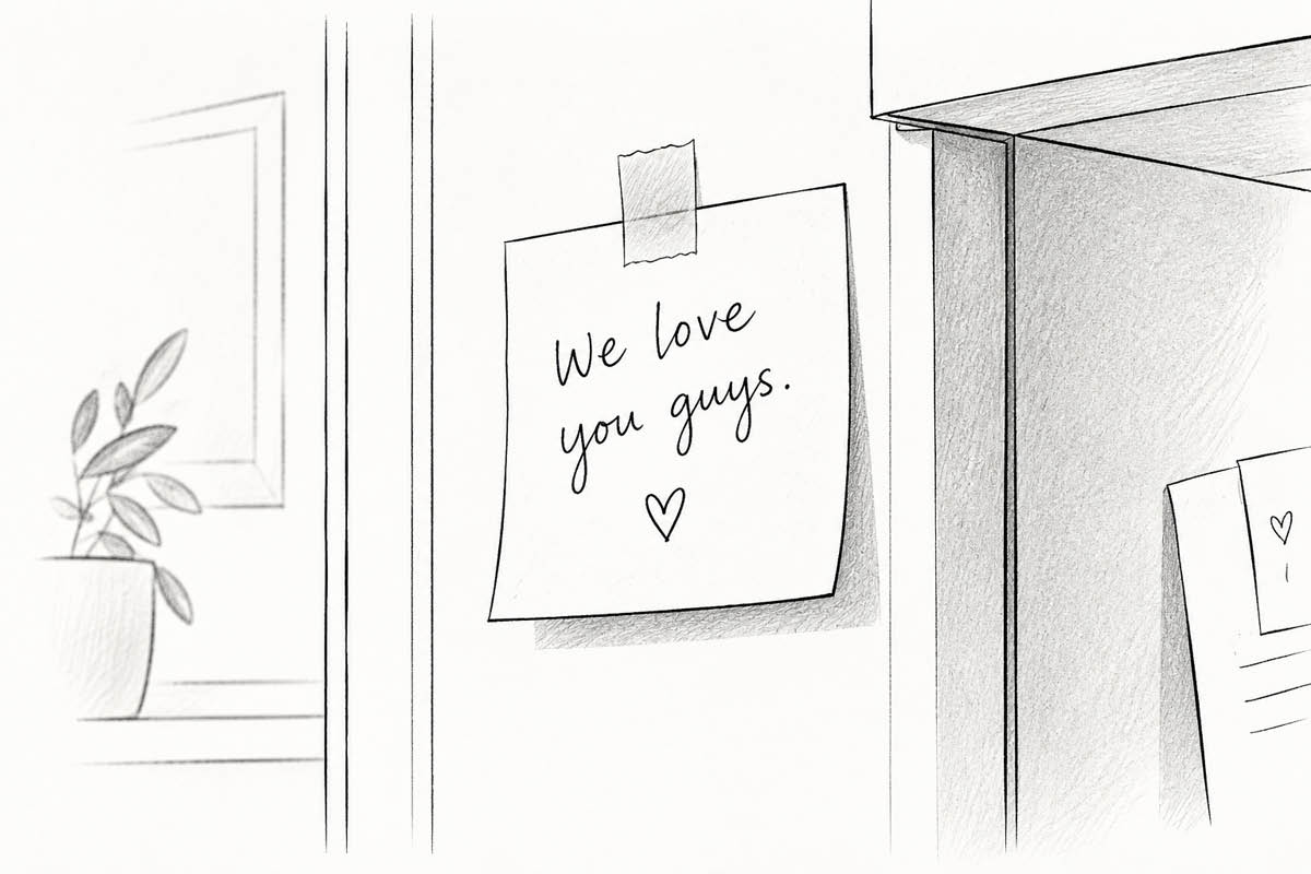 A pencil sketch drawing featuring a sticky note taped to a wall or cabinet. Handwritten on the note are the words