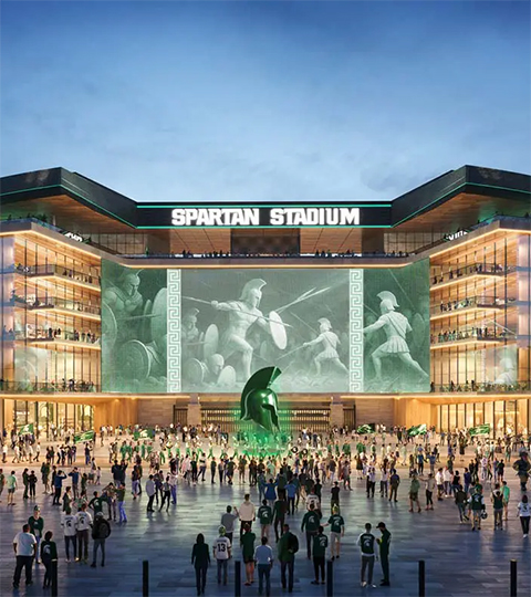 Rendering of a renovated Spartan Stadium at dusk, featuring a large Spartan mural and crowds gathered around a Spartan helmet statue.