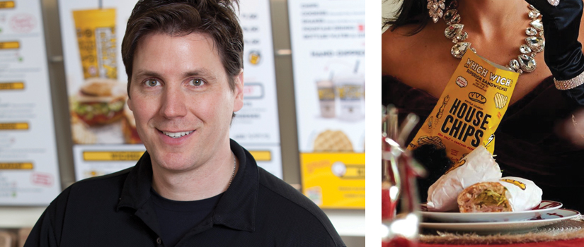 Jeff Senilli and formally dressed woman eating Which Wich potato chips