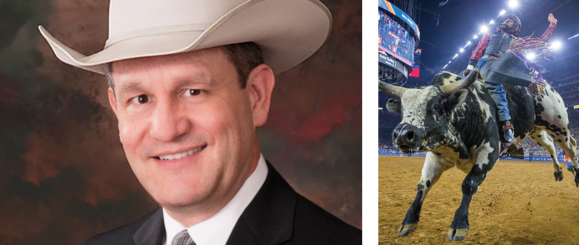 Joel Cowley and a rodeo rider on a steer