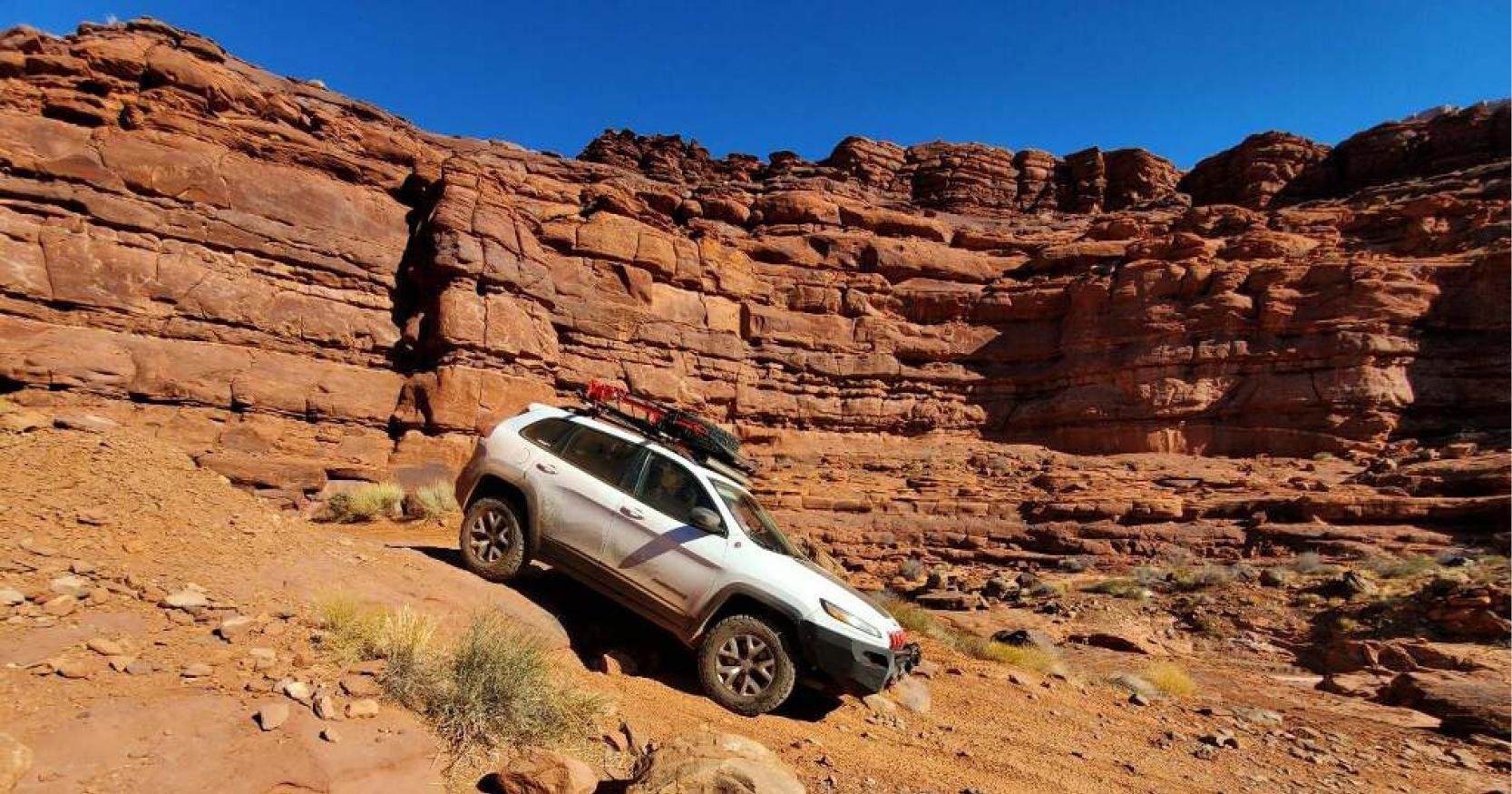 jeep moves through offroad trail 