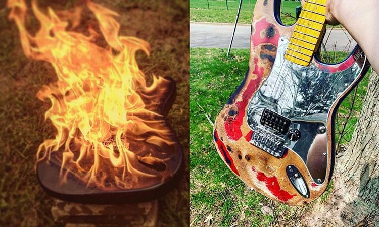 a guitar on fire, next to the same guitar rebuilt