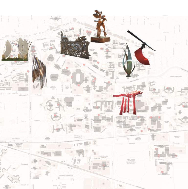 Map of East Lansing campus with locations of artworks featured in piece. 