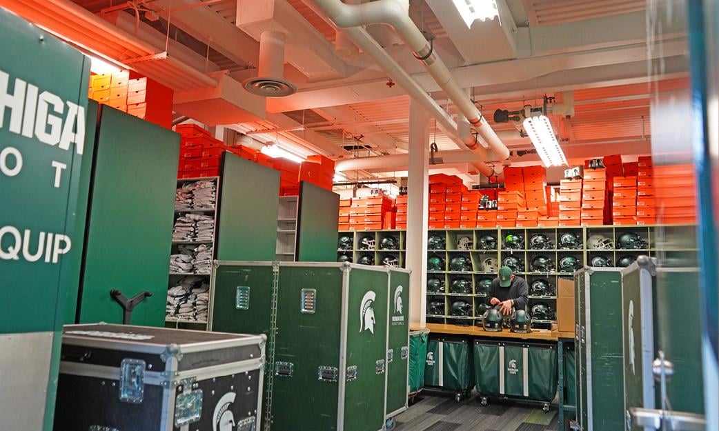 MSU Football equipment team room. 