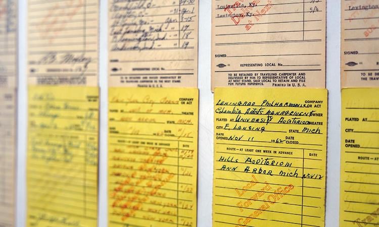 Handwritten records of past shows, performers and crews. These cards chronicle shows that predate Wharton Center.