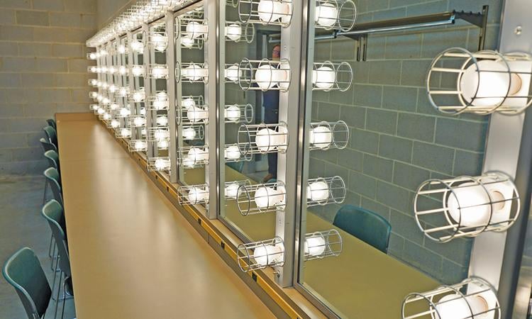 Changing rooms and lighted makeup mirrors let performers prepare for the stage en masse.