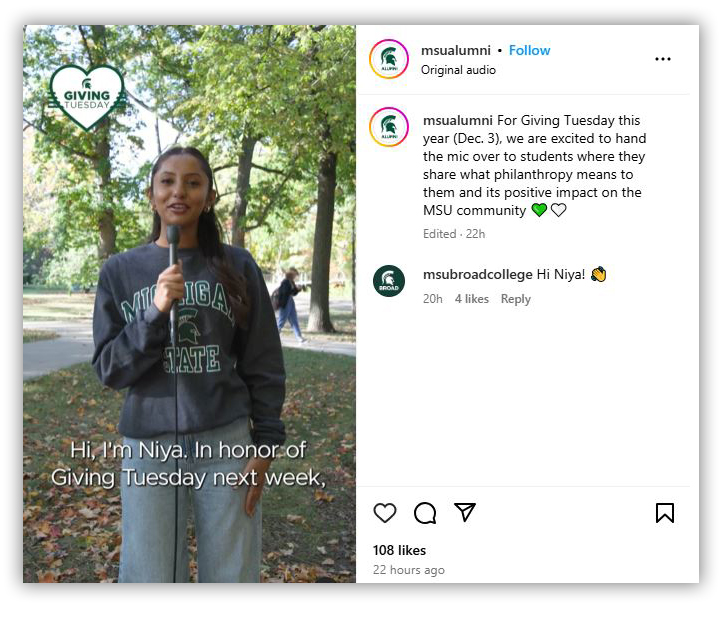 Image of an Instagram post with student speaking into a hand-held microphone
