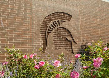 The MSU Spartan helmet logo set into the bricks on the facade of Breslin Center with flowers underneath. The MSU Spartan helmet logo set into the bricks on the facade of Breslin Center with flowers underneath.