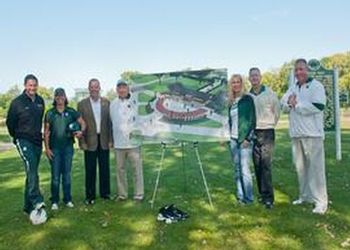 Gathered around an artist’s rendering of Pentecost Plaza near the spot where construction will begin in Spring 2012 are (from left) Damon Rensing, men’s soccer coach; Jacquie Joseph, women’s softball coach; Mark Hollis, athletics director; Pete Lutz 
