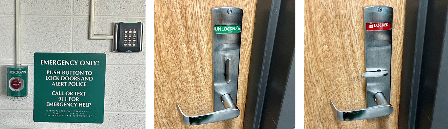 Green sign on wall with white text: Emergency only! Push button to lock doors and alert police; call or text 911 for emergency help.; Wooden door with handle and thumb lock showing unlocked in white text on a green background.; Wooden door with handle and thumb lock showing locked in white text on a red background.