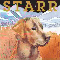 A golden Labrador dog seen from the neck up is stylized as though painted. The dog is looking off into the distance. Behind the dog are white, snow-covered mountains and the word STARR written above.