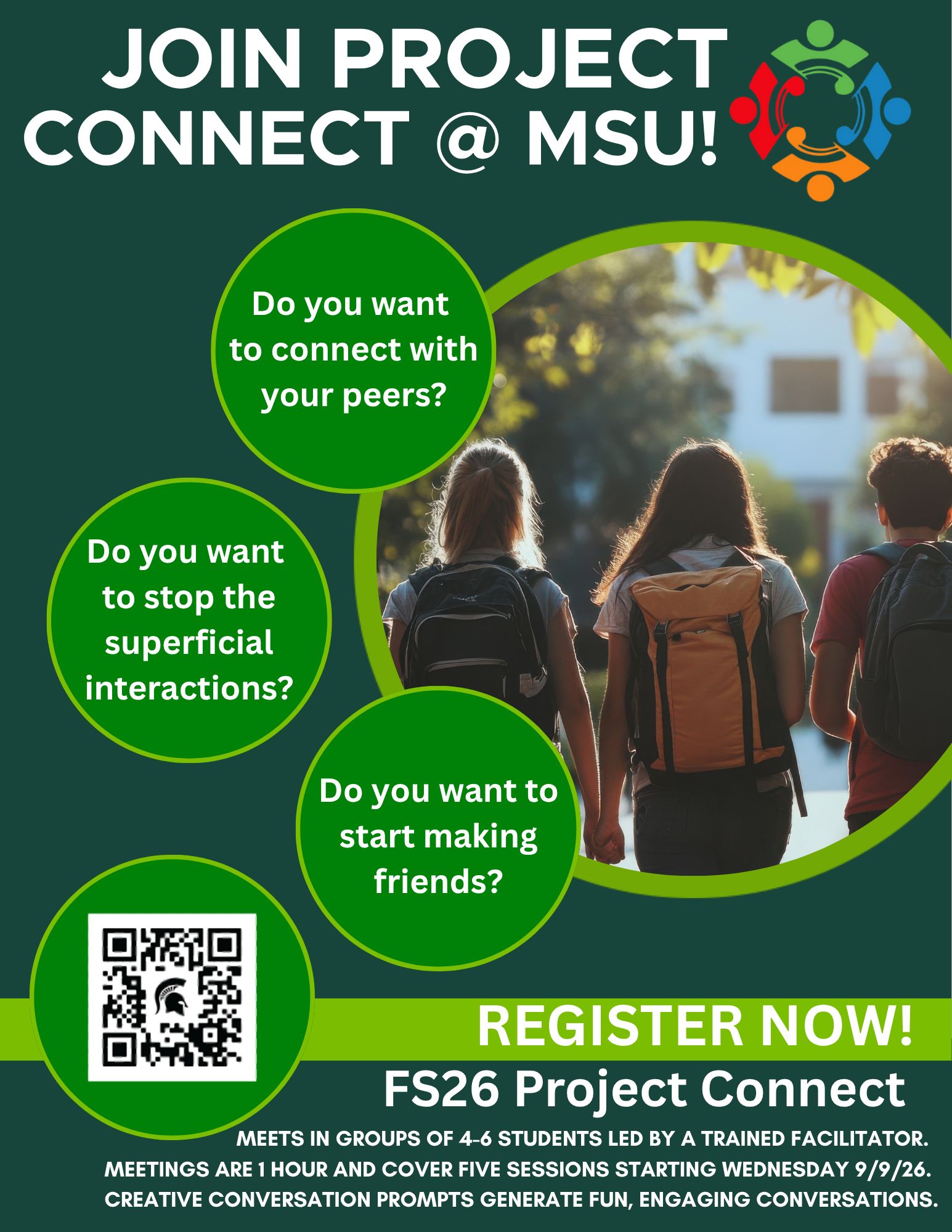 Project Connect Flyer inviting students to register for the program. A QR code is visible with information about the program as well as a start date of Sept. 9.