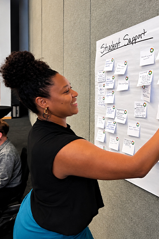 A conference participant adds notes to a brainstorming board labeled 