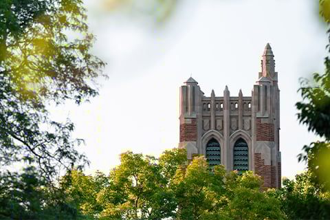 The top of MSU's Beaumont Tower peeking above the summer foliage.