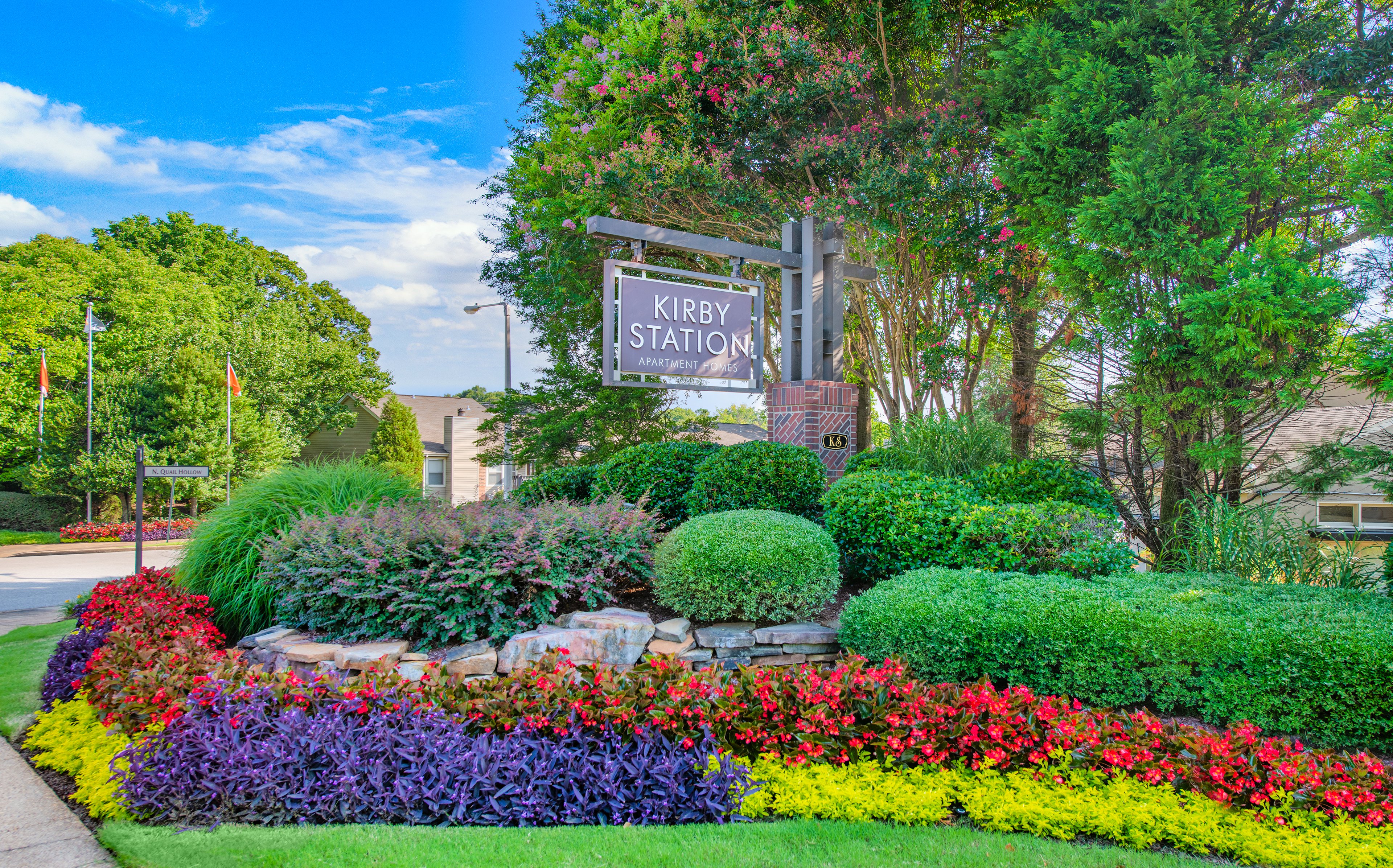 Welcome sign at Kirby Station luxury apartment homes in Memphis, TN