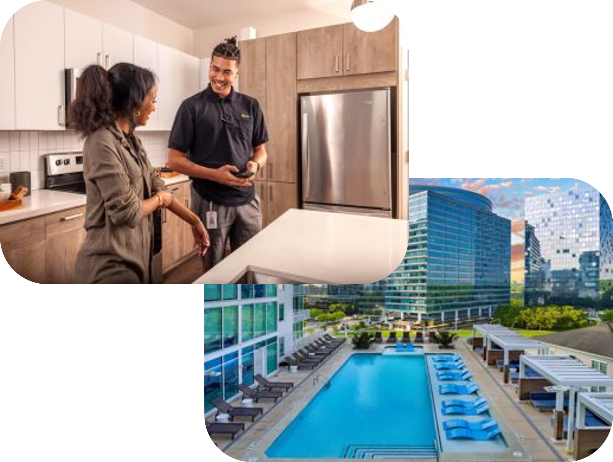 Resident and technician talking in a kitchen and MAA Lenox pool
