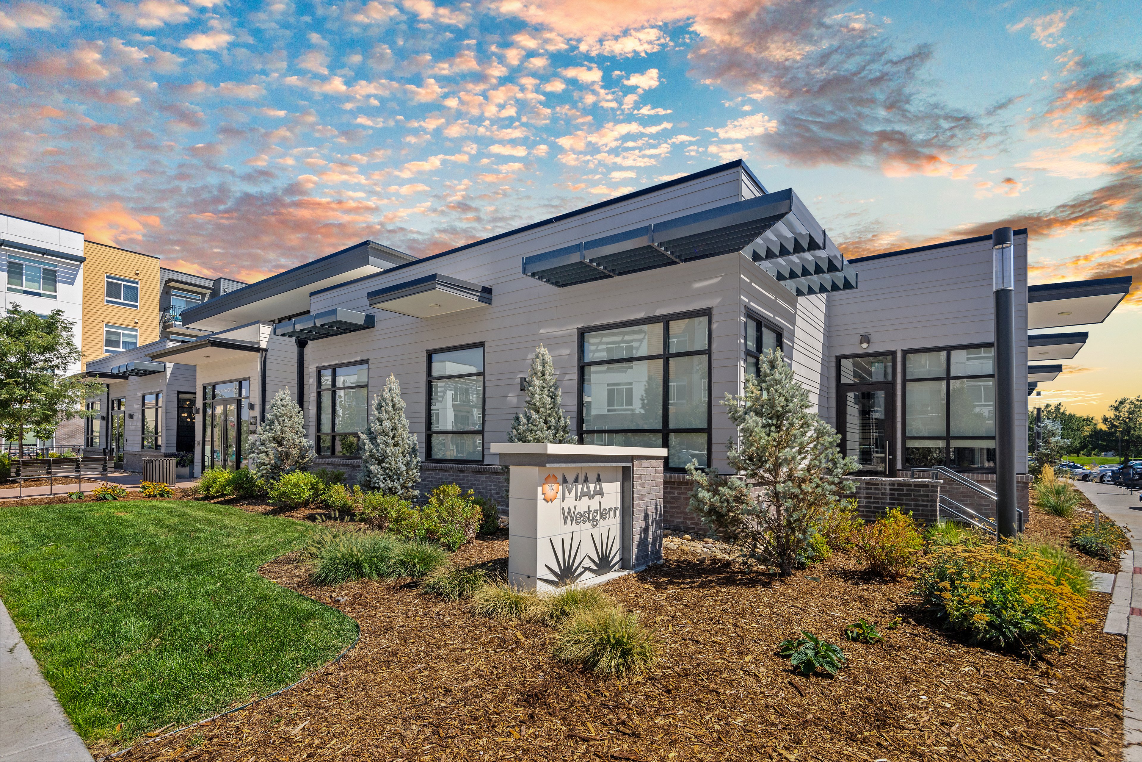 Leasing exterior at MAA Westglenn luxury apartment homes in Westminster, CO
