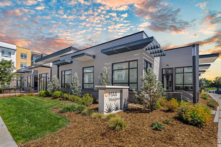 Leasing exterior at MAA Westglenn luxury apartment homes in Westminster, CO