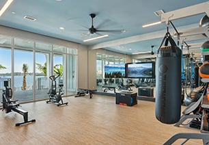 Fitness center studio room with a ceiling fan, mirrored wall with wall-mounted TV, hanging punching bag and free weight racks next to large picture windows with a waterfront view at MAA Breakwater luxury apartments in Tampa, FL