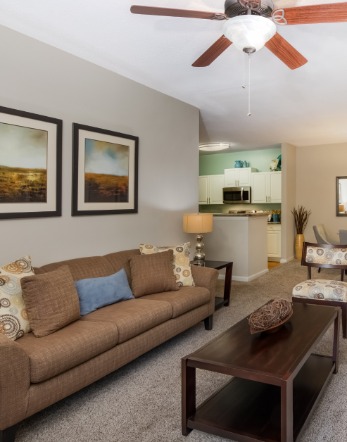 Cozy modern-style living room with brown couch and ceiling fan at MAA Barrett Creek luxury apartments in Marietta, GA