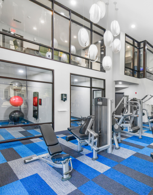 State-of-the-art two story fitness center complete with studio rooms, treadmills, weight machines at MAA Buckhead luxury apartments in Atlanta, GA