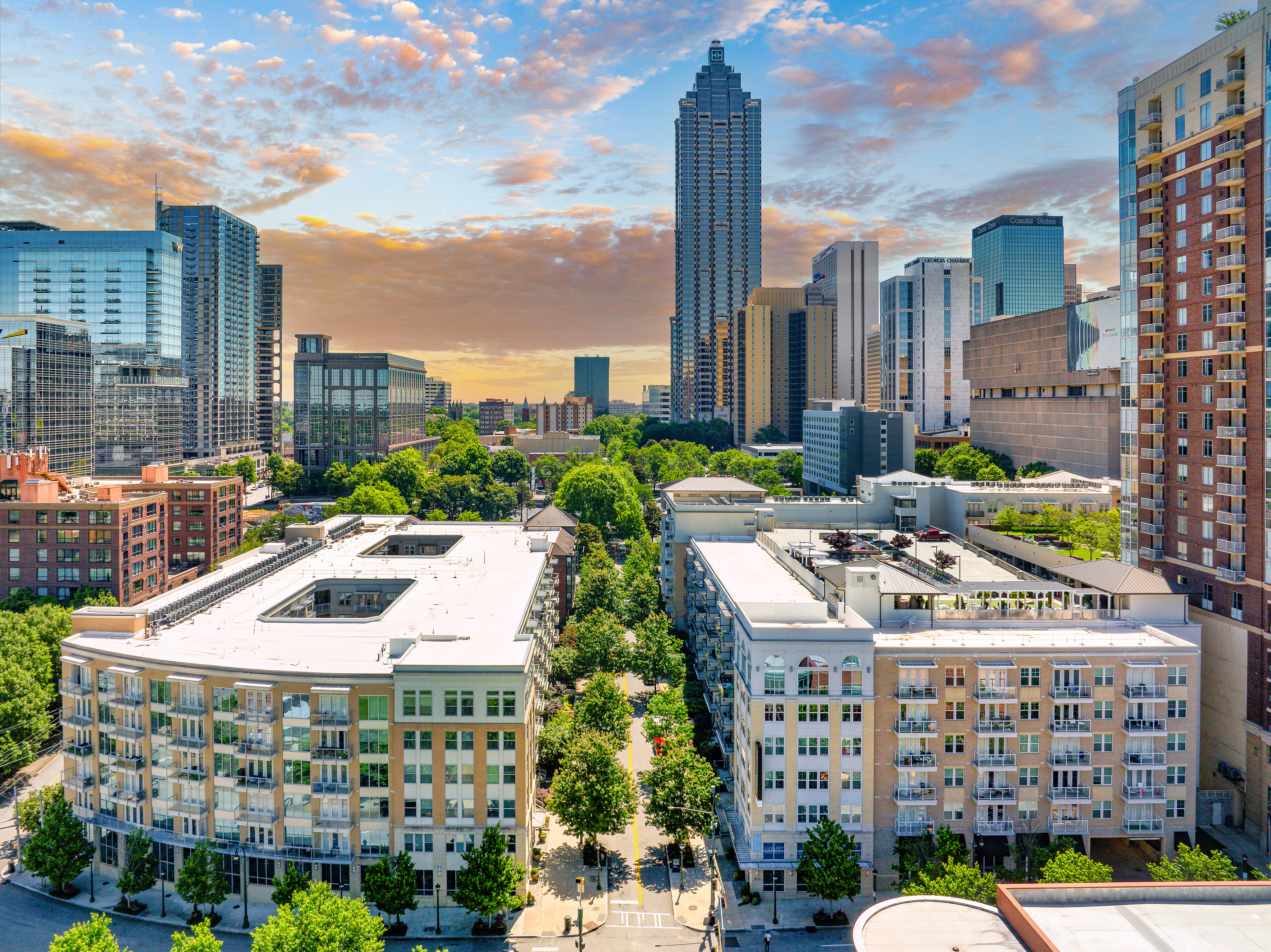 Property aerial at MAA Centennial Park luxury apartment homes in Atlanta, GA