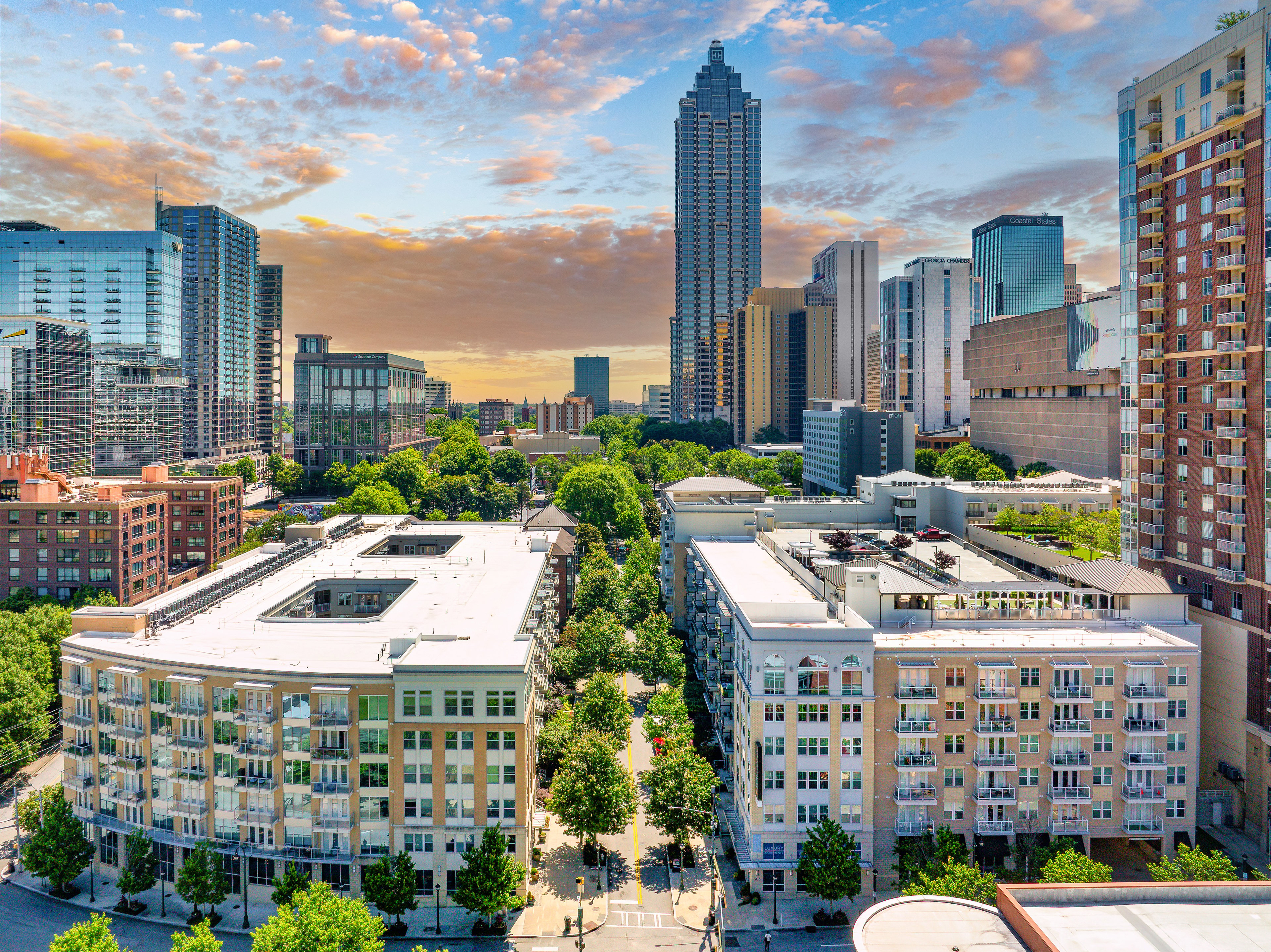 Property aerial at MAA Centennial Park luxury apartment homes in Atlanta, GA