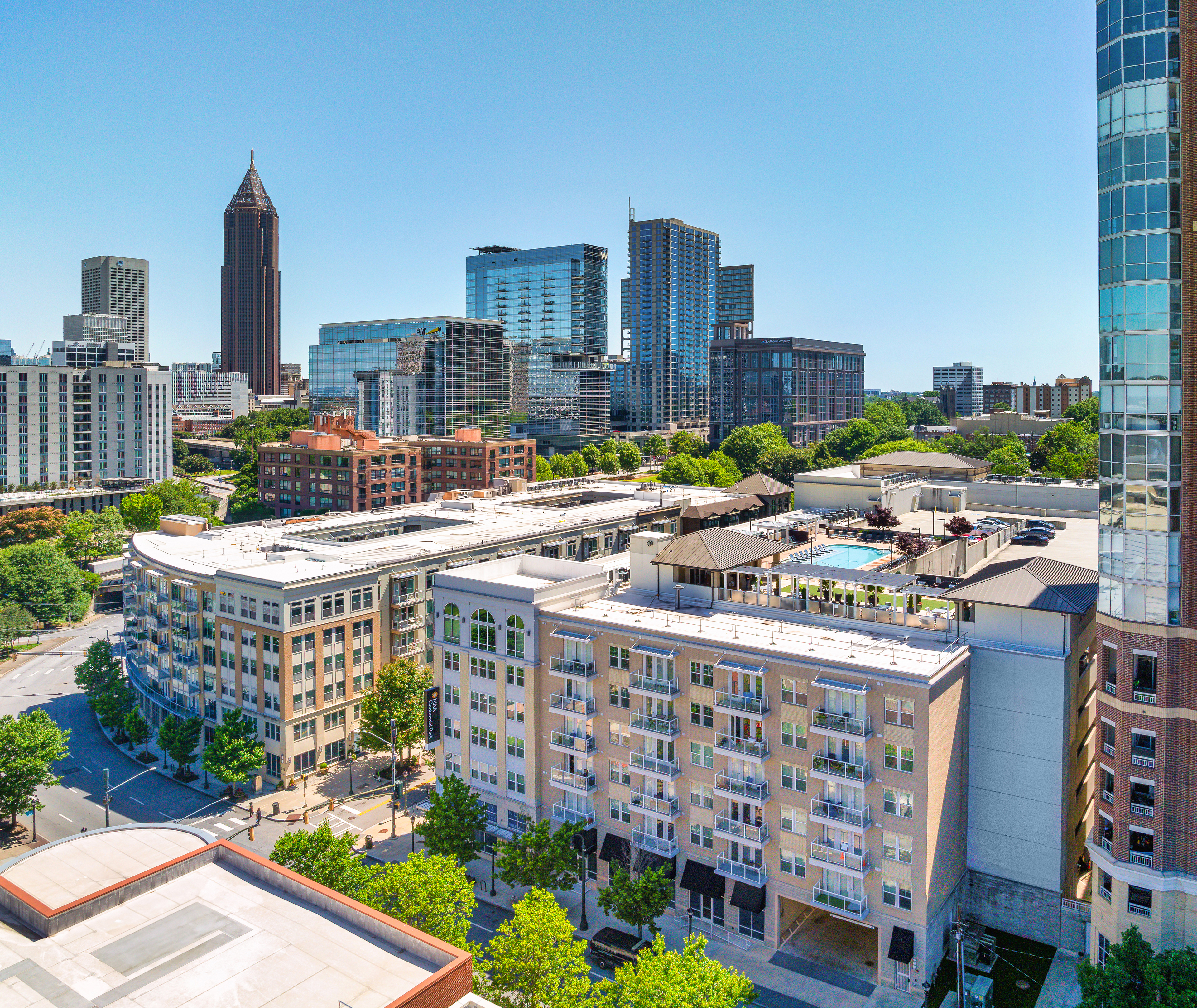 Property aerial at MAA Centennial Park luxury apartment homes in Atlanta, GA