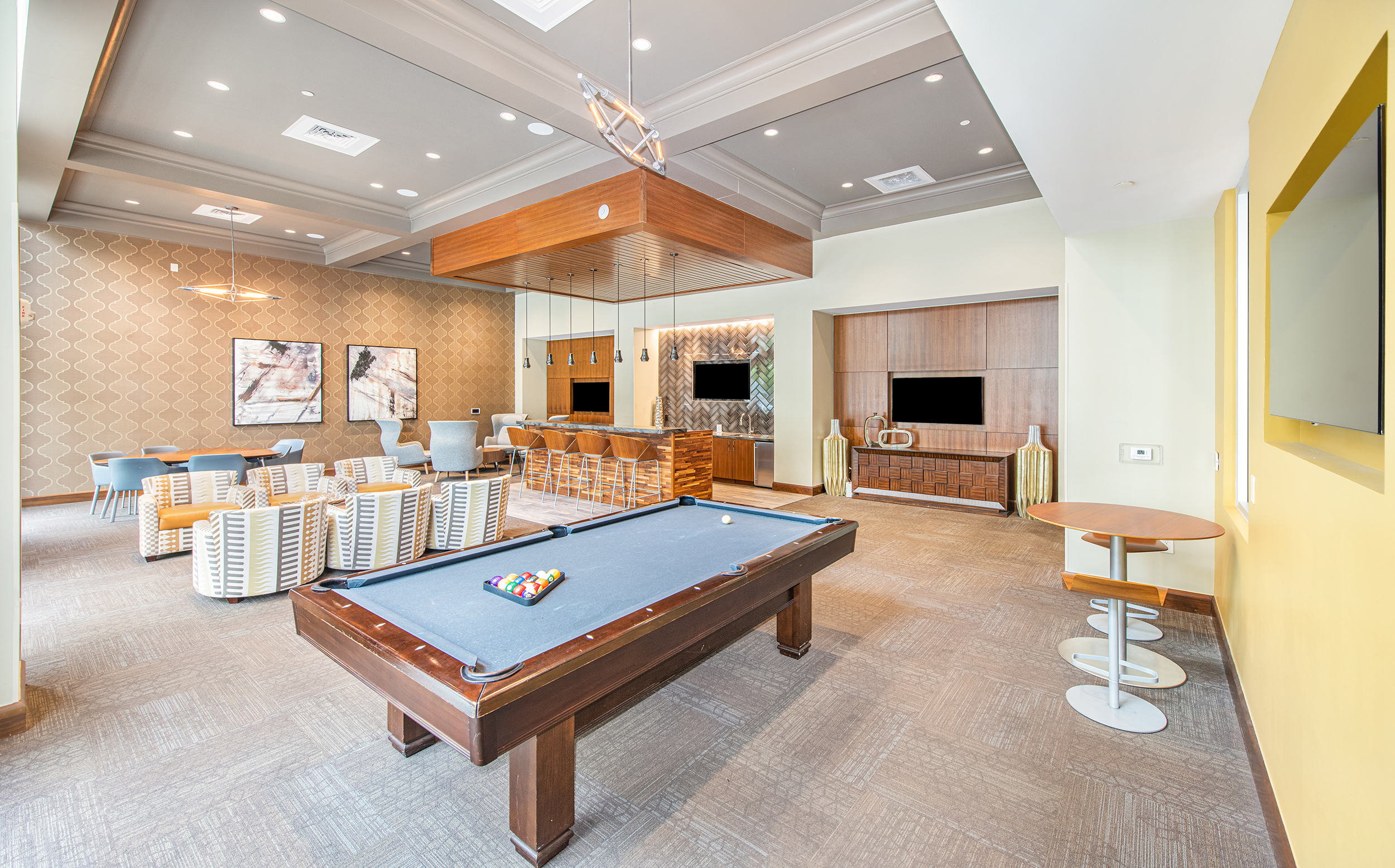 Community center with billiards at MAA Centennial Park luxury apartments in Atlanta, GA