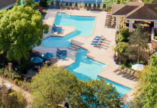 Aerial view of resort-style wading pool with lounge chairs surrounded by lush trees at MAA Chastain luxury apartments in Atlanta, GA