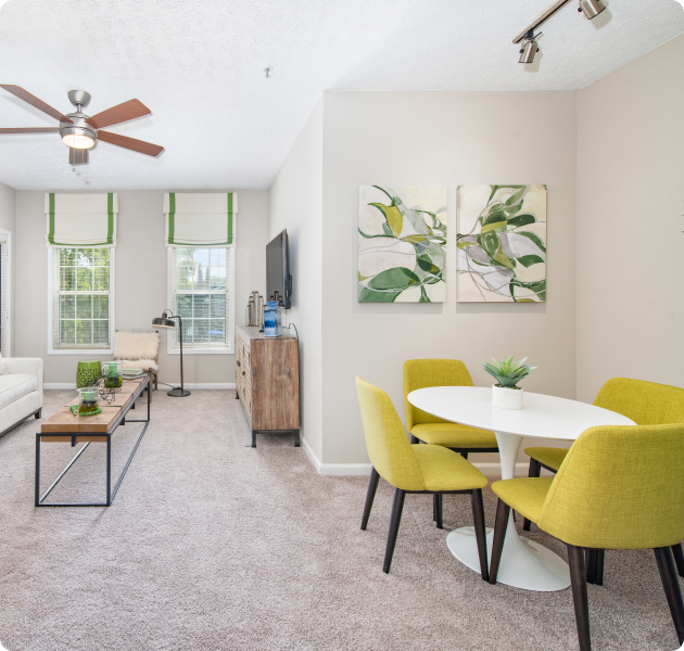 Sleek retro modern model living room space at MAA Dunwoody luxury apartments in Atlanta, GA