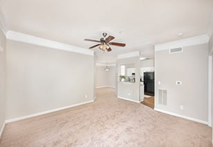 Side view of spacious empty carpeted living room area with a ceiling fan at MAA Lake Lanier luxury apartments in Gainesville, GA