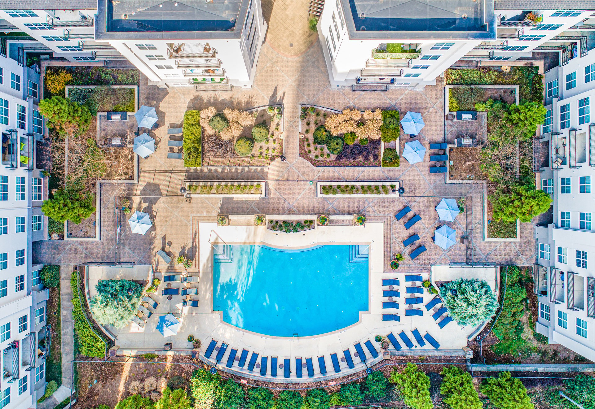 Aerial top view of swimming pool surrounded by lounge chairs and greenery in the center of the apartment complex at MAA Lenox luxury apartment homes in Atlanta, GA