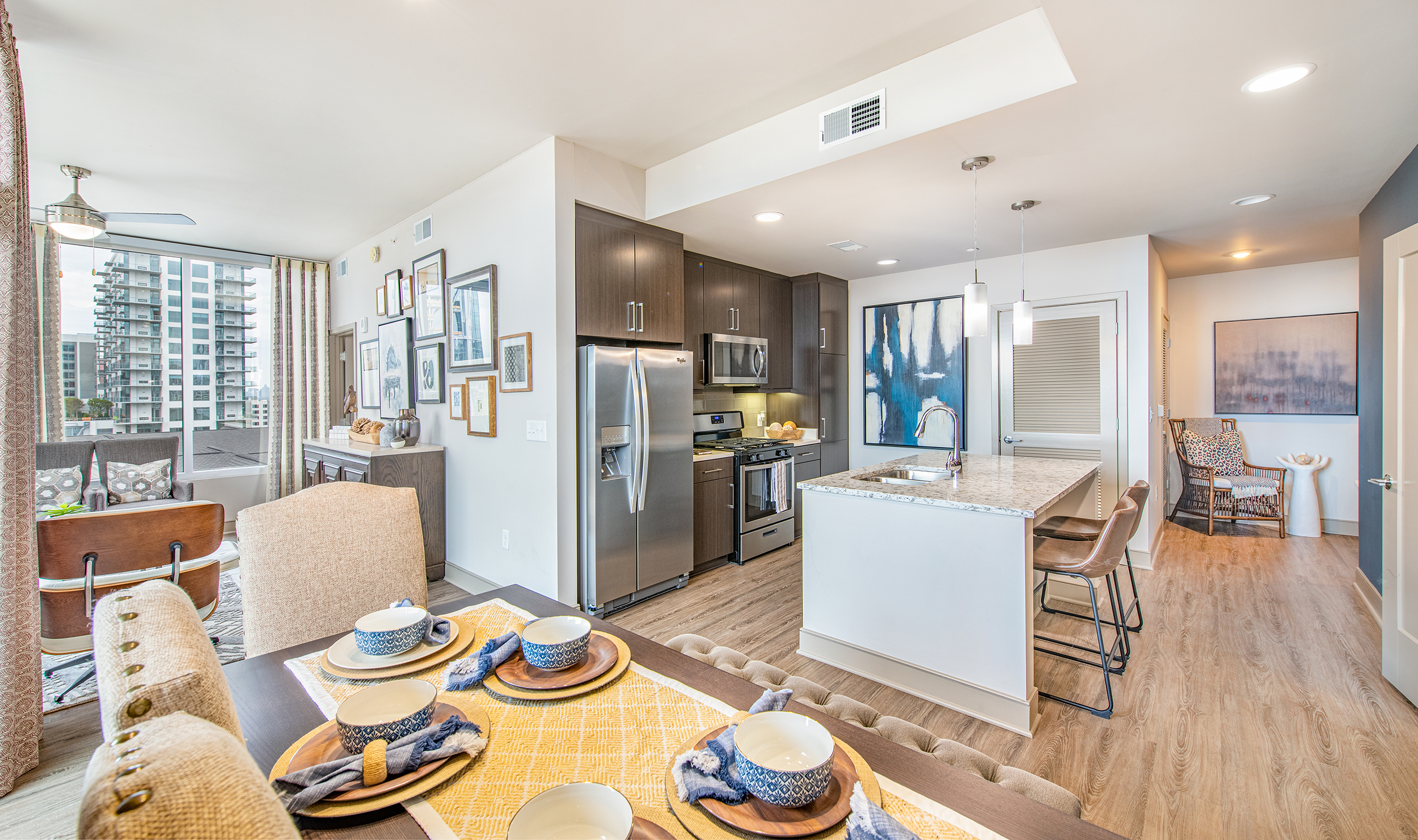 Kitchen and dining area at MAA Midtown luxury apartment homes in Atlanta, GA