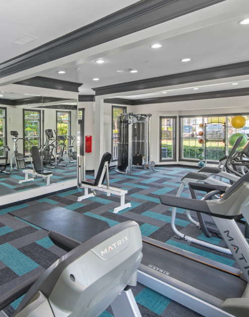 Modern fitness center with weight machines, treadmills and large mirrored walls at MAA Milstead luxury apartments in Kennesaw, GA