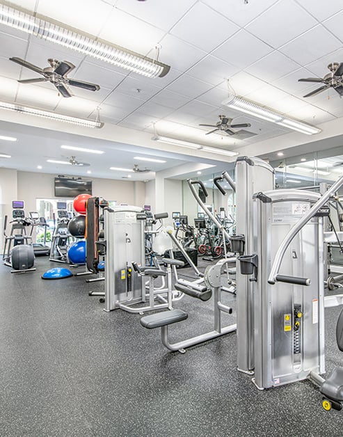 Community fitness center with ceiling fans, various weight machines and exercise balls on a rack at MAA Riverside luxury apartments in Atlanta, GA