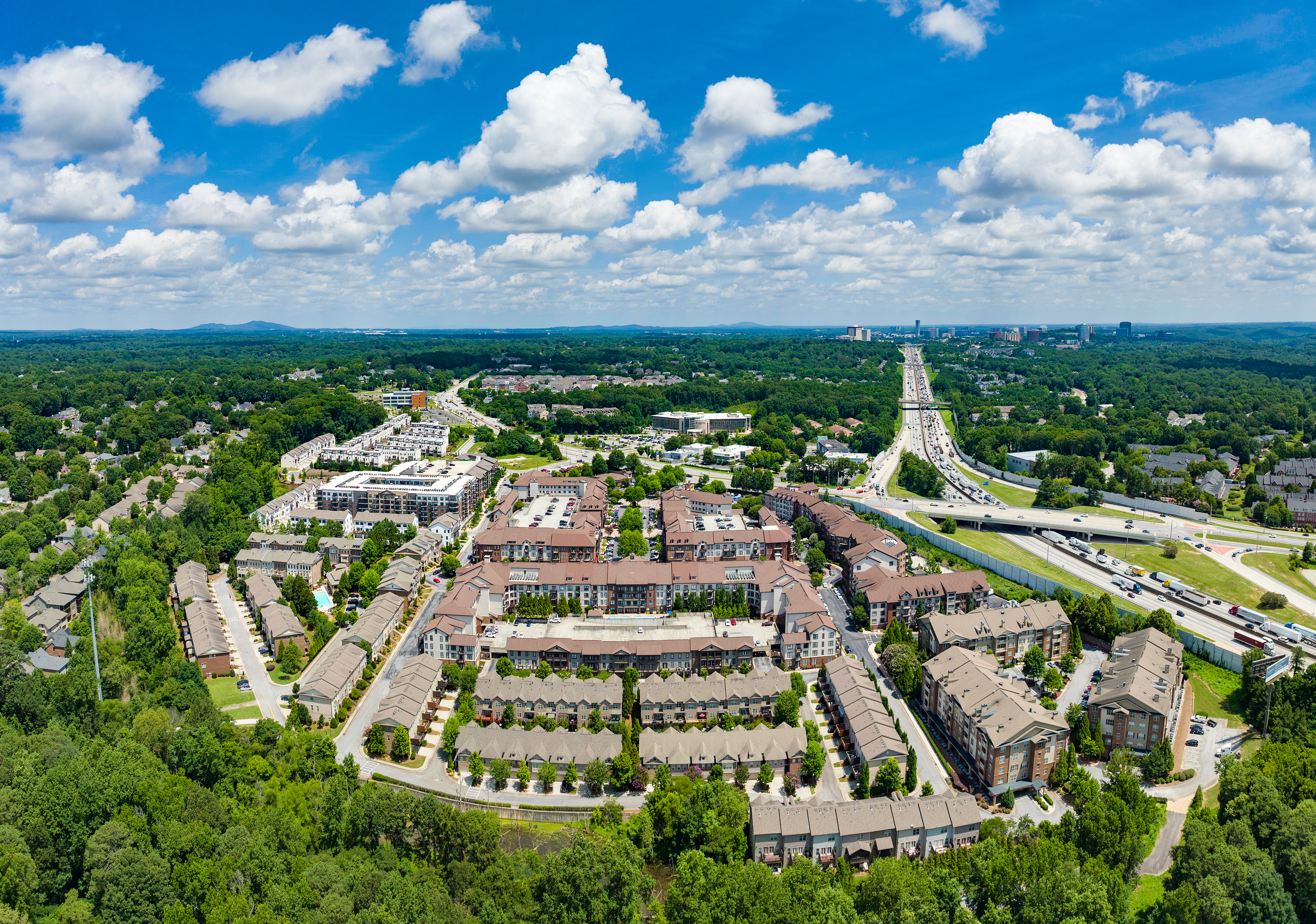 Exterior aerial view of community at MAA West Village luxury apartments in Smyrna, GA