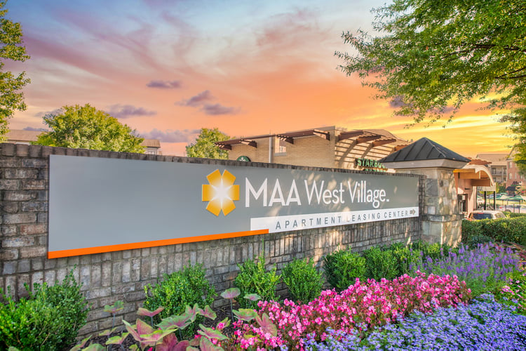 Front signage at MAA West Village luxury apartments in Smyrna, GA
