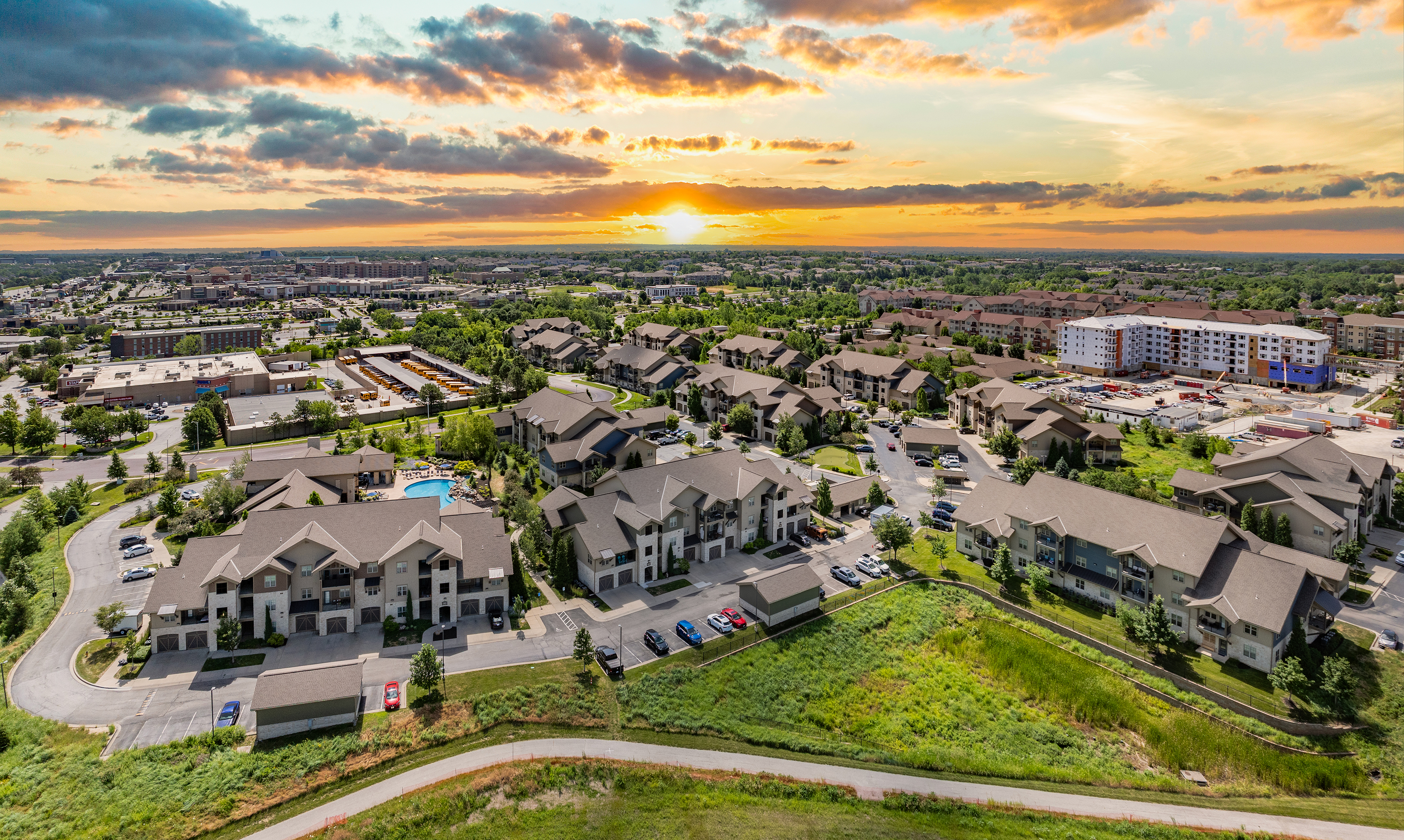Aerial at MAA Prairie Trace luxury apartment homes in Overland Park, KS