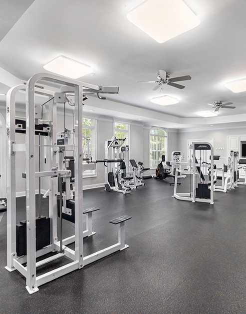 Spacious fitness center with ceiling fans and variety of workout equipment next to large windows at MAA Ballantyne luxury apartments in Charlotte, NC