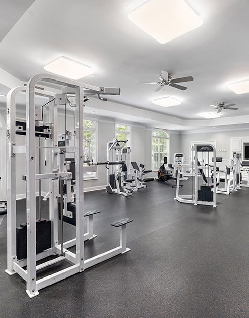 Spacious fitness center with ceiling fans and variety of workout equipment next to large windows at MAA Ballantyne luxury apartments in Charlotte, NC