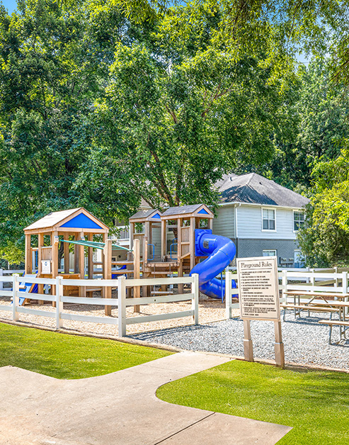 Community playground with slides and climbing board, surrounded by trees at MAA Chancellor Park luxury apartments in Charlotte, NC