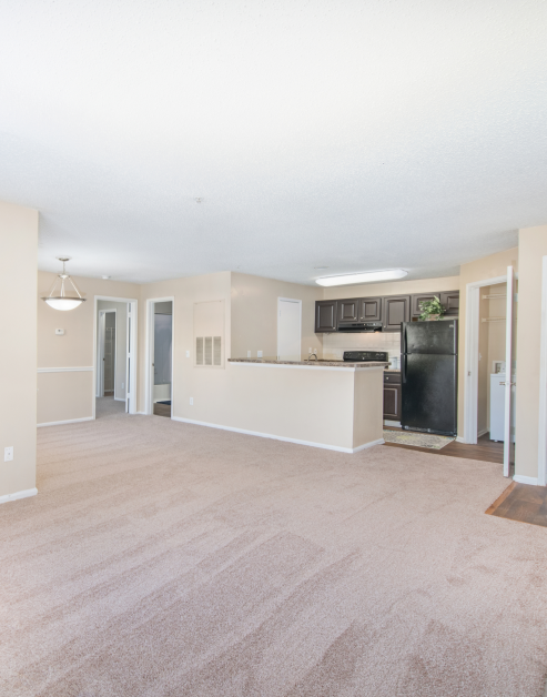 Spacious empty living room with carpeted floors next to the kitchen at MAA Chancellor Park luxury apartments in Charlotte, NC