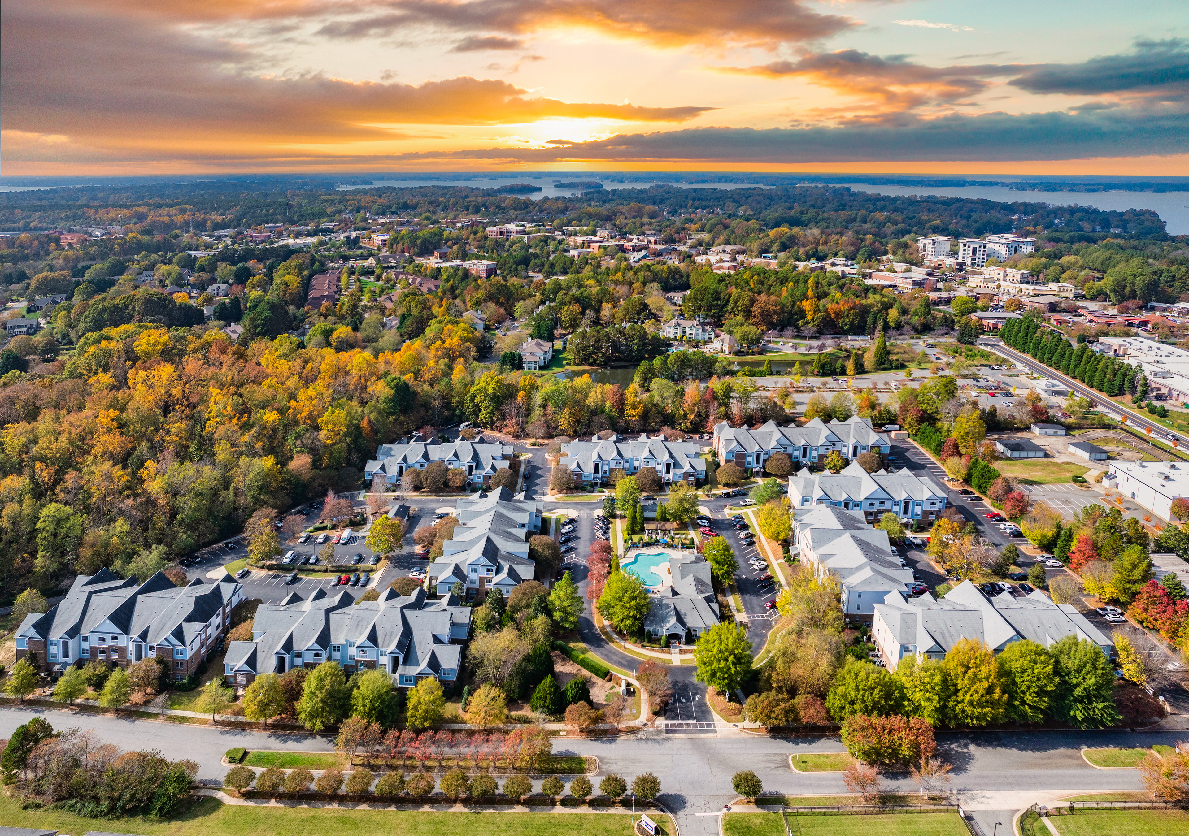 Property aerial at MAA Cornelius luxury apartment homes in Charlotte, NC