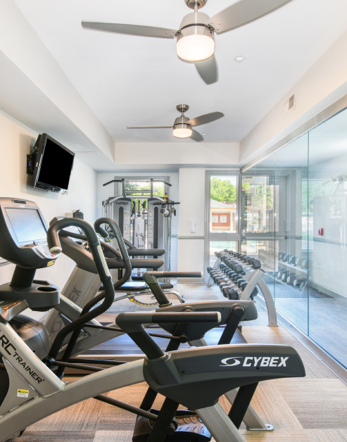 Fitness room with ceiling fans, wall mounted TV and variety of workout equipment and free-weights rack at MAA Enclave luxury apartments in Charlotte, NC