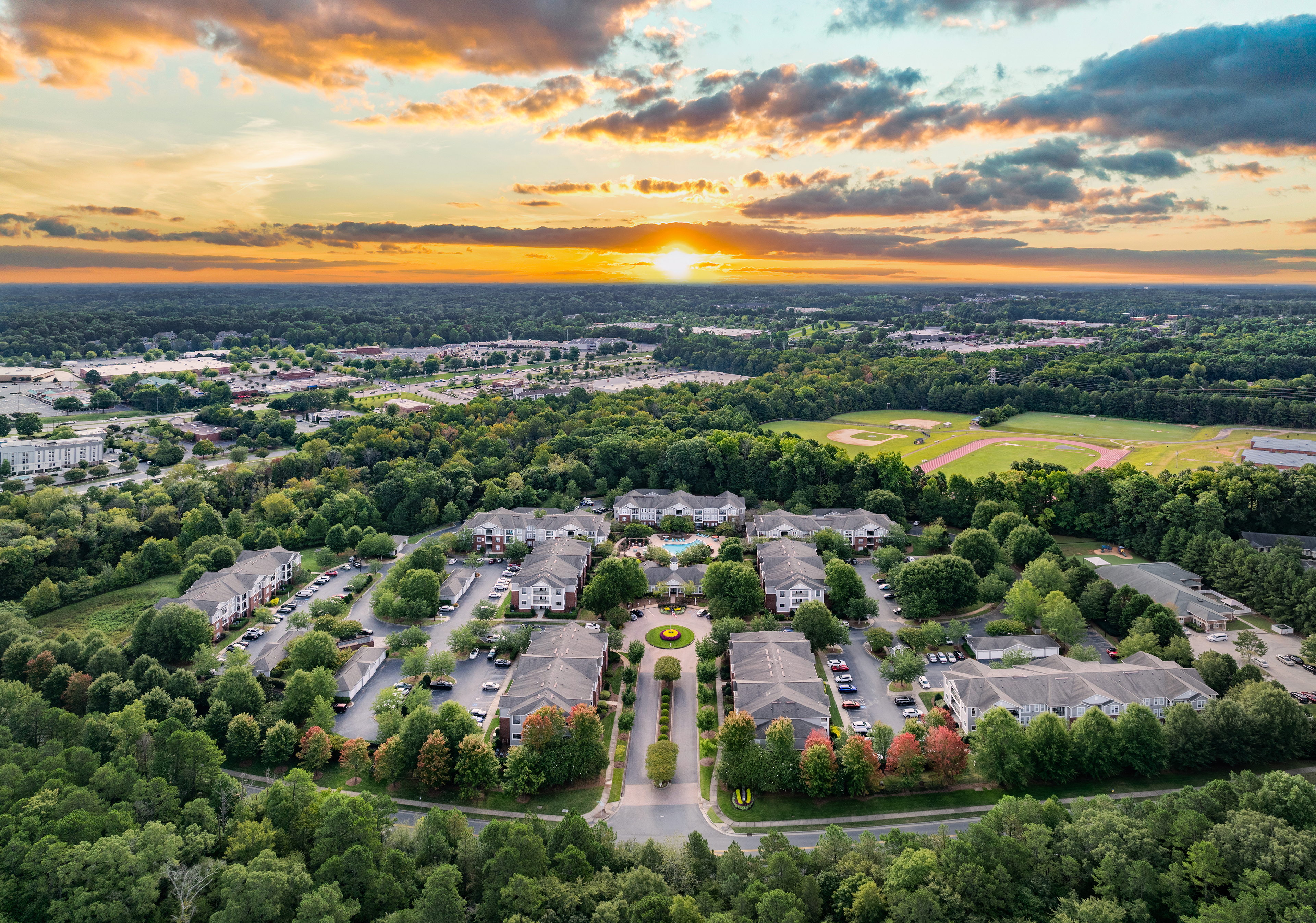 Property aerial at MAA Matthews Commons luxury apartment homes in Matthews, NC
