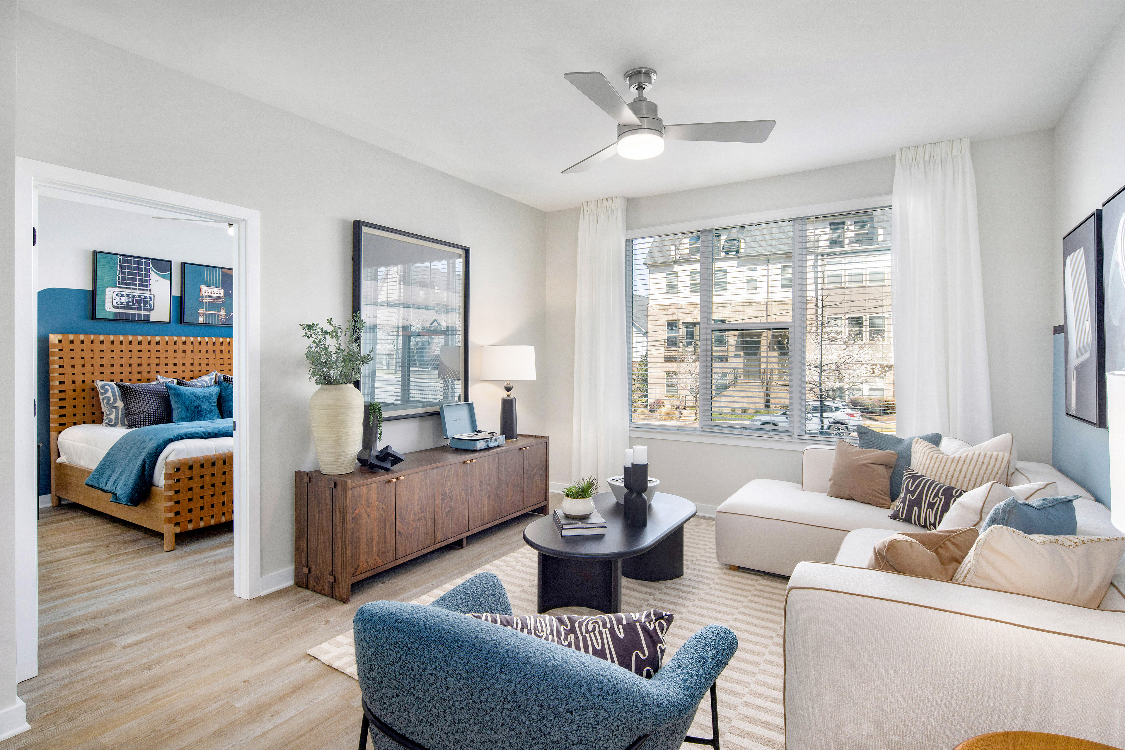 Living room at MAA Plaza Midwood luxury apartment homes in Charlotte, NC