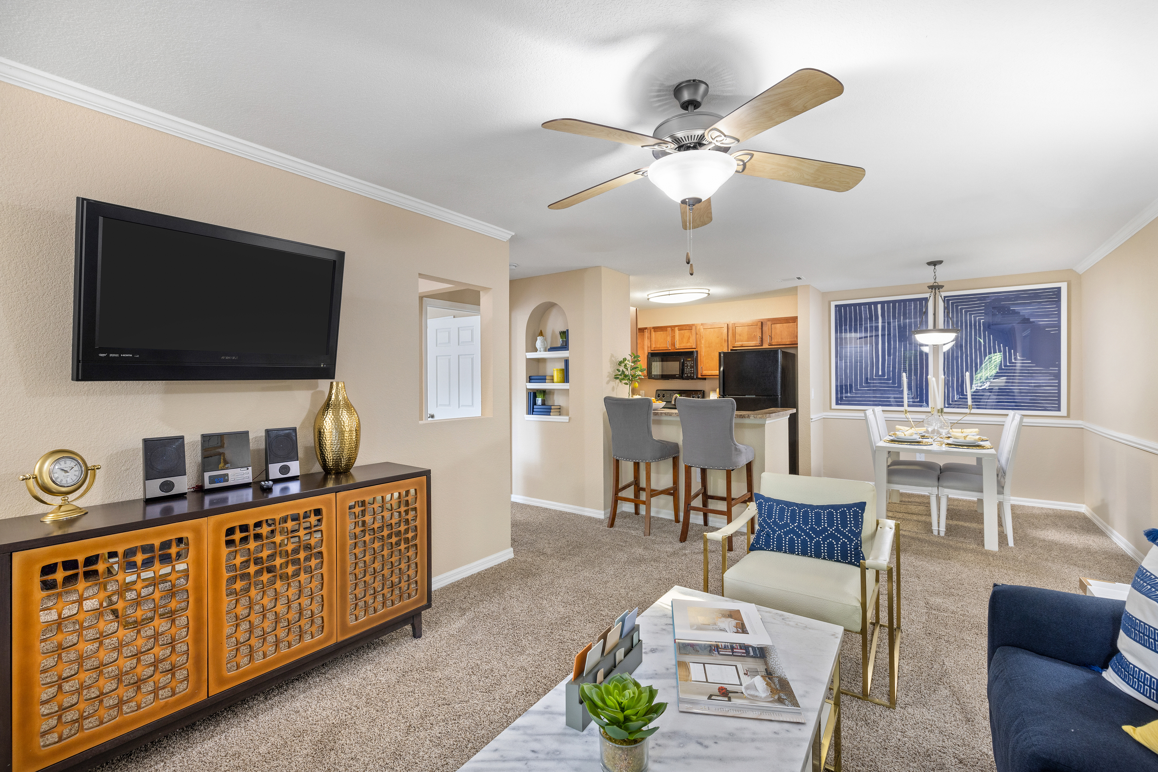 Living room at MAA Prosperity Creek luxury apartment homes in Charlotte, NC